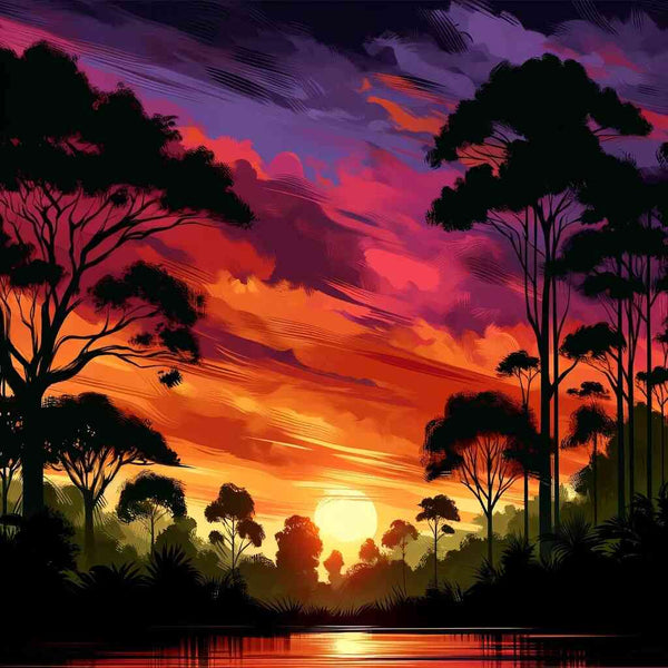 Sunset painting by numbers in a secret forest with vibrant purple, orange, and yellow hues illuminating trees and water.