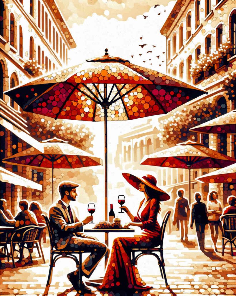 Straßencafe, Paar trinkt Wein – Malen nach Zahlen