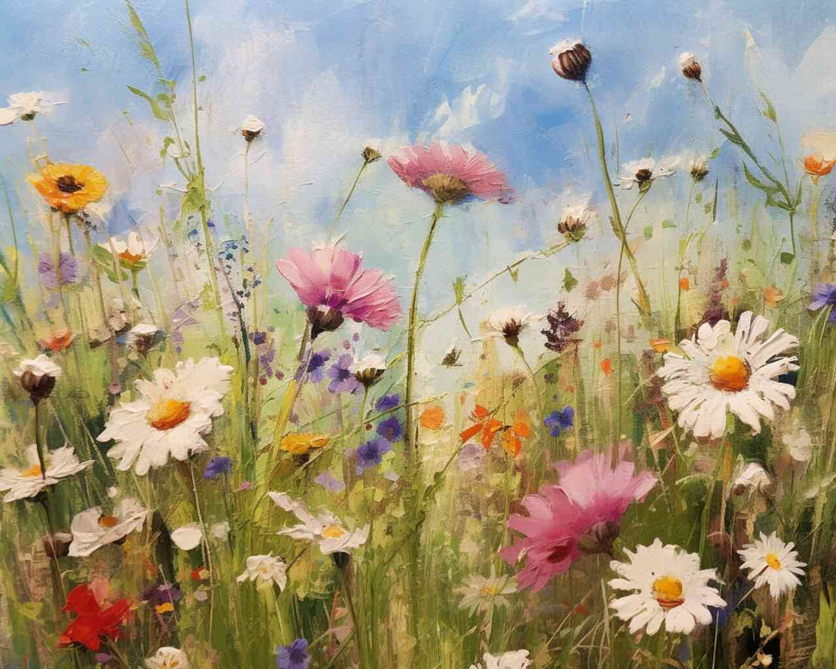 Impressionist painting of a vibrant summer meadow with wildflowers and a bright blue sky.