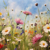 Impressionist painting of a vibrant summer meadow with wildflowers and a bright blue sky.