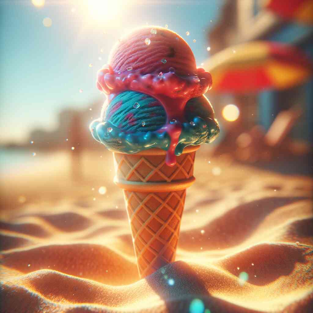 Vibrant ice cream cone with colorful scoops melting in the summer sun on a sandy beach with blurred background.