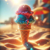 Vibrant ice cream cone with colorful scoops melting in the summer sun on a sandy beach with blurred background.