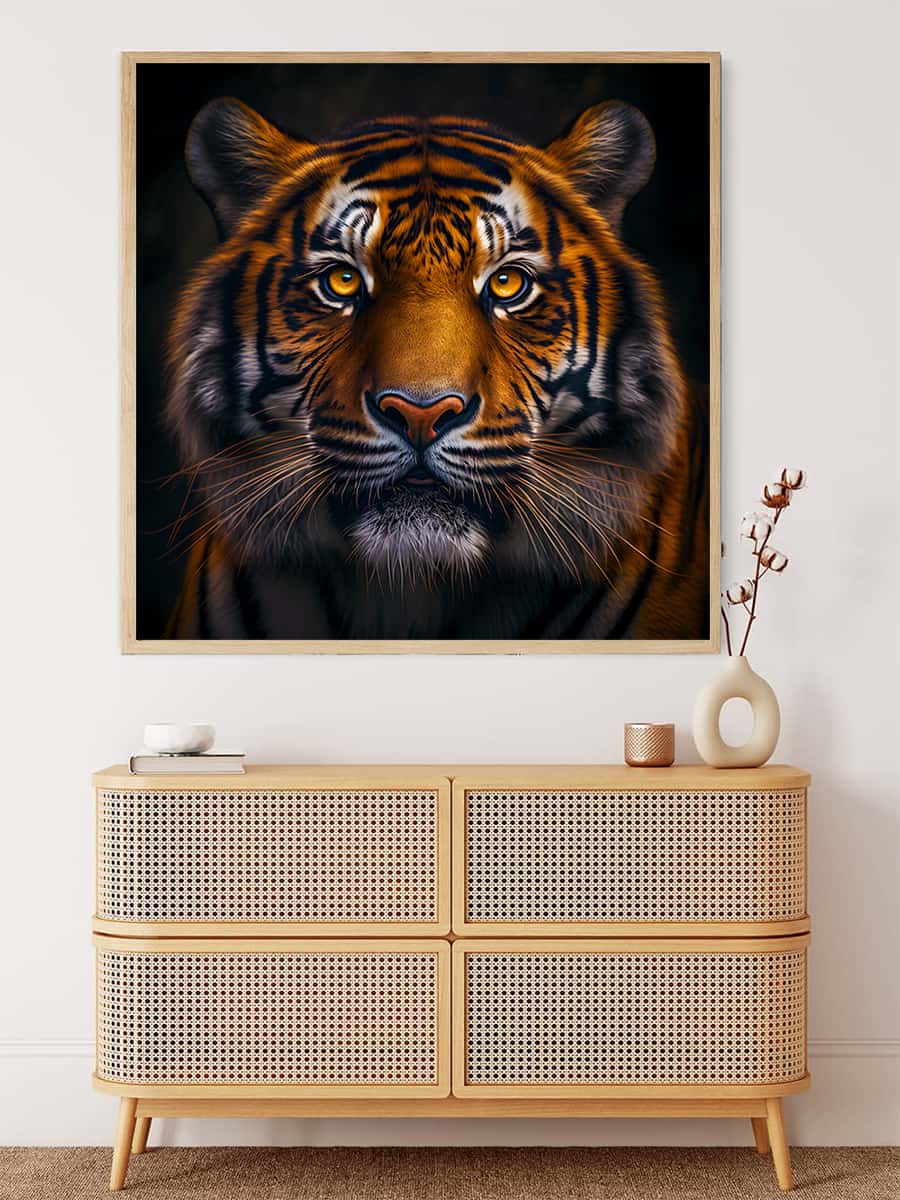 Malen nach Zahlen Wandbild eines frontal blickenden Tigers über einer hölzernen Kommode in modernem Wohnzimmer