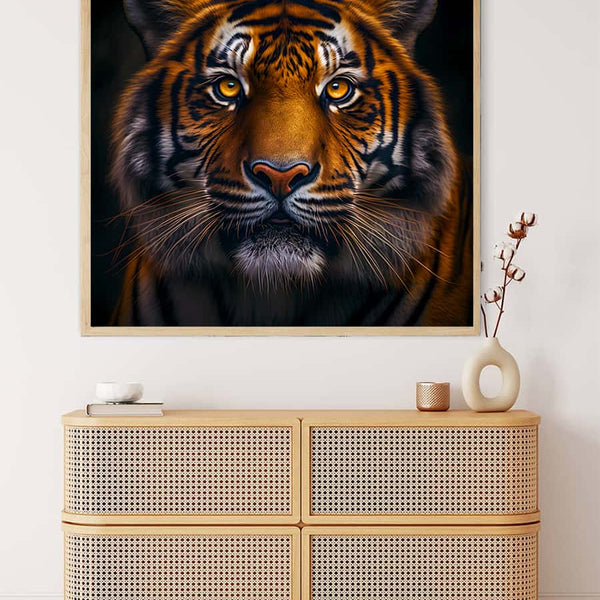 Malen nach Zahlen Wandbild eines frontal blickenden Tigers über einer hölzernen Kommode in modernem Wohnzimmer