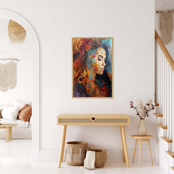 Modern interior with framed painting of a young woman with flower-adorned hair on the wall above a wicker console table.