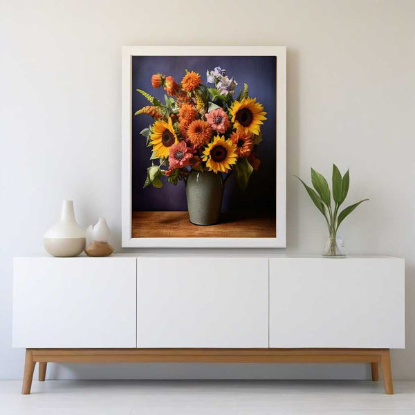 Blumenbild "Sommerglanz" mit Sonnenblumen und bunten Blüten in pastellfarben, gerahmt und an einer weißen Wand über einer modernen Kommode platziert.