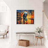Painting of a couple under an umbrella in a rain-soaked urban scene, titled 
