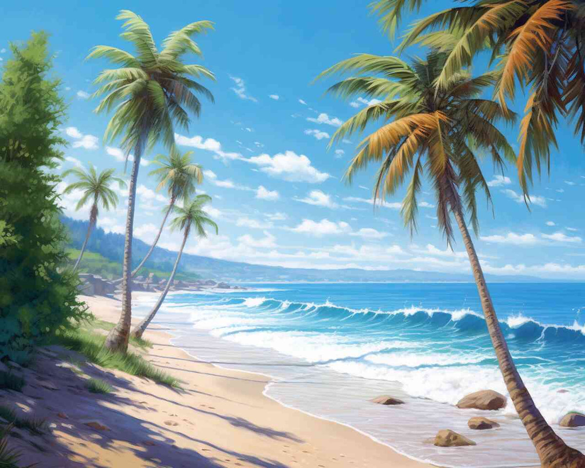 Tropischer Strand mit Palmen im Wind, lebhaftes blaues Meer und sanfte Wellen, die den goldenen Sand umarmen, Sehnsucht nach der Unendlichkeit