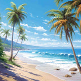 Tropischer Strand mit Palmen im Wind, lebhaftes blaues Meer und sanfte Wellen, die den goldenen Sand umarmen, Sehnsucht nach der Unendlichkeit