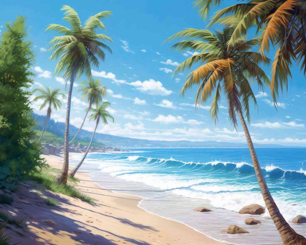 Tropischer Strand mit Palmen im Wind, lebhaftes blaues Meer und sanfte Wellen, die den goldenen Sand umarmen, Sehnsucht nach der Unendlichkeit