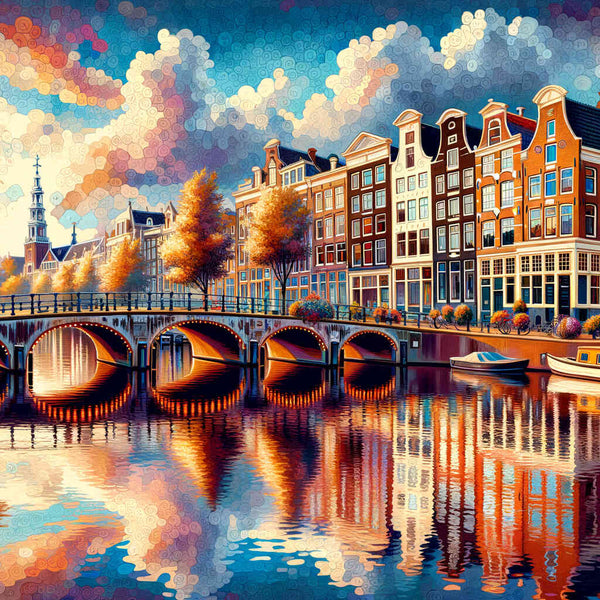 Amsterdamm, Häuserreihe mit Brücke – Malen nach Zahlen