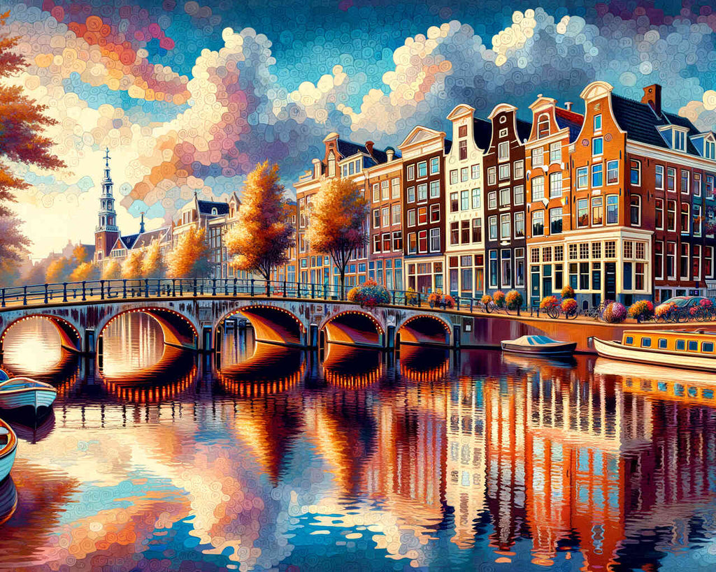 Amsterdamm, Häuserreihe mit Brücke – Malen nach Zahlen