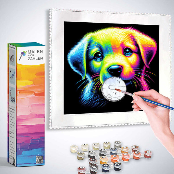 Person painting a vibrant puppy with a paint-by-numbers kit "Malen nach Zahlen - Farbenfrohes Erwachen"