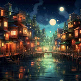 Malen nach Zahlen - Mondlichtgeflüster zeigt eine beleuchtete Stadt bei Vollmond mit Lichtern, die auf das Wasser scheinen und eine mystische Atmosphäre schaffen.