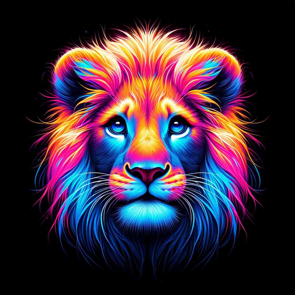 Vibrant neon-colored lion artwork for Malen nach Zahlen, showcasing a majestic and relaxing painting experience.