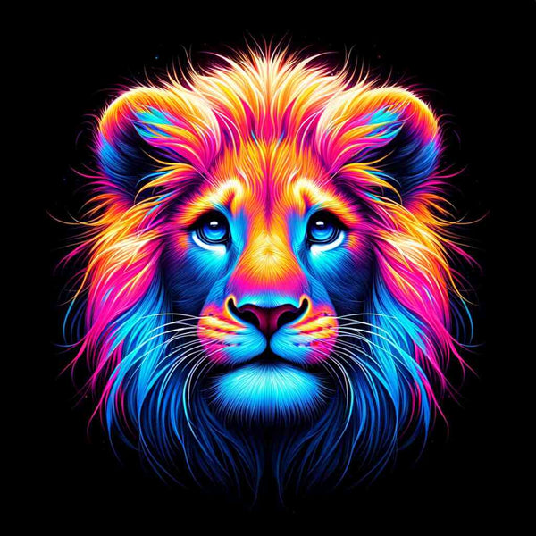 Vibrant neon-colored lion artwork for Malen nach Zahlen, showcasing a majestic and relaxing painting experience.