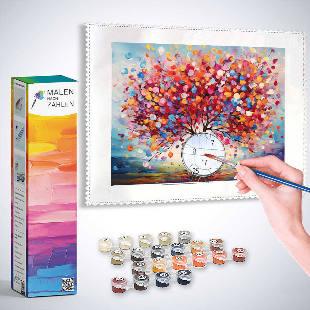 Malen nach Zahlen - Lebensbaum der Farbenfreude Set mit farbenfrohem Baum, Leinwand, Pinseln und Farbtöpfen