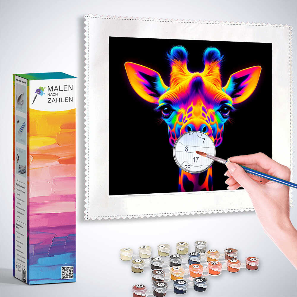 Malen nach Zahlen - Leuchtkraft der Natur, Hand painting vibrant giraffe image with paint set and canvas