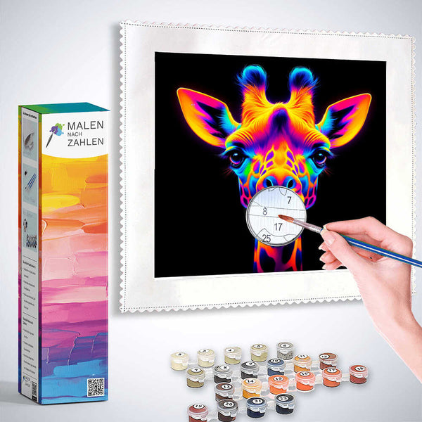 Malen nach Zahlen - Leuchtkraft der Natur, Hand painting vibrant giraffe image with paint set and canvas