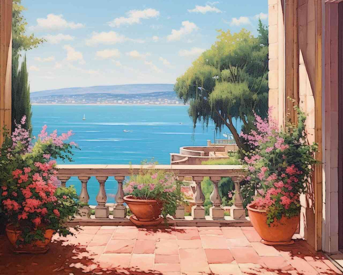 Malen nach Zahlen - Mediterranes Flüstern Terrasse mit blühenden Blumentöpfen und Blick auf azurblaues Meer und segelnde Boote.