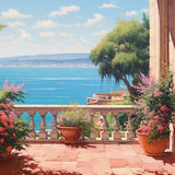 Malen nach Zahlen - Mediterranes Flüstern Terrasse mit blühenden Blumentöpfen und Blick auf azurblaues Meer und segelnde Boote.