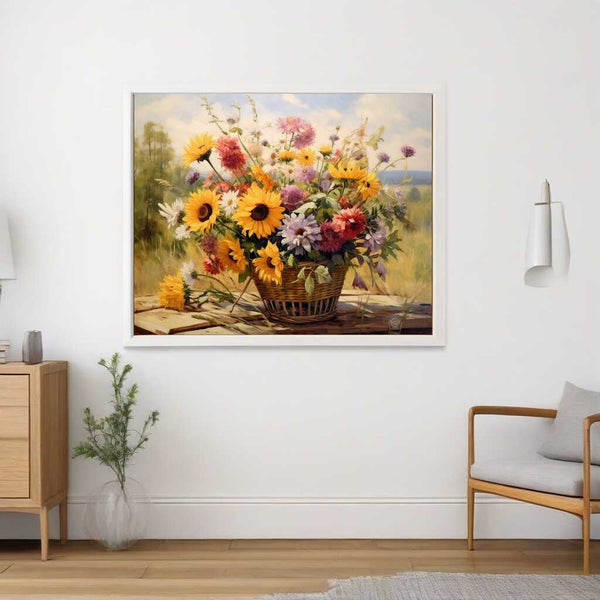 Malen nach Zahlen - Sommertanz der Blumen zeigt einen Korb mit Sonnenblumen, Gänseblümchen und wilden Astern im impressionistischen Stil.
