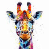 Malen nach Zahlen Kunstwerk einer Giraffe mit lebendigen Farbspritzern in Blau-, Gelb- und Rottönen – Farbexplosion im Tierreich.