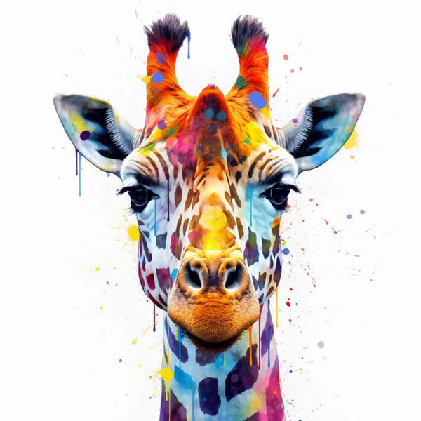 Malen nach Zahlen Kunstwerk einer Giraffe mit lebendigen Farbspritzern in Blau-, Gelb- und Rottönen – Farbexplosion im Tierreich.