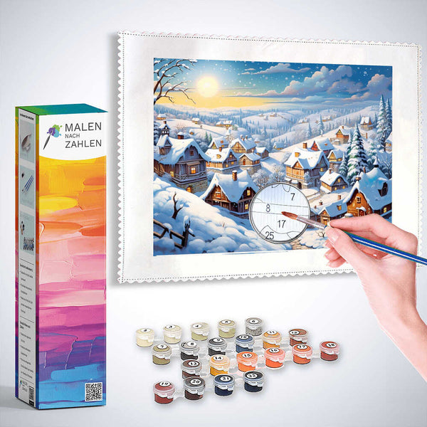 Malen nach Zahlen - Wintertraum Set, friedvolles Dorf in glitzernder Schneedecke, warmes Licht aus Fenstern, verschneite Landschaft in Blau- und Weißtönen