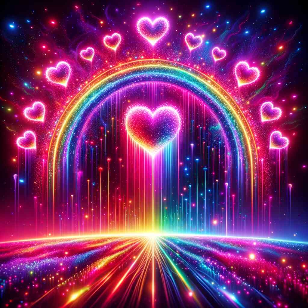 Colorful neon heart shapes and rainbow arcs over a starry, glowing landscape.