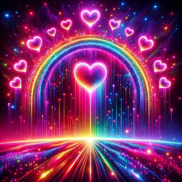 Colorful neon heart shapes and rainbow arcs over a starry, glowing landscape.
