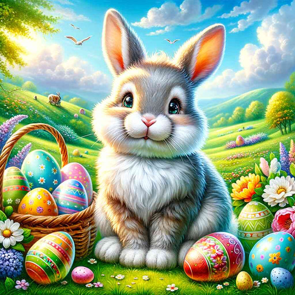 Adorable bunny with colorful Easter eggs in a vibrant spring meadow, painting by numbers 