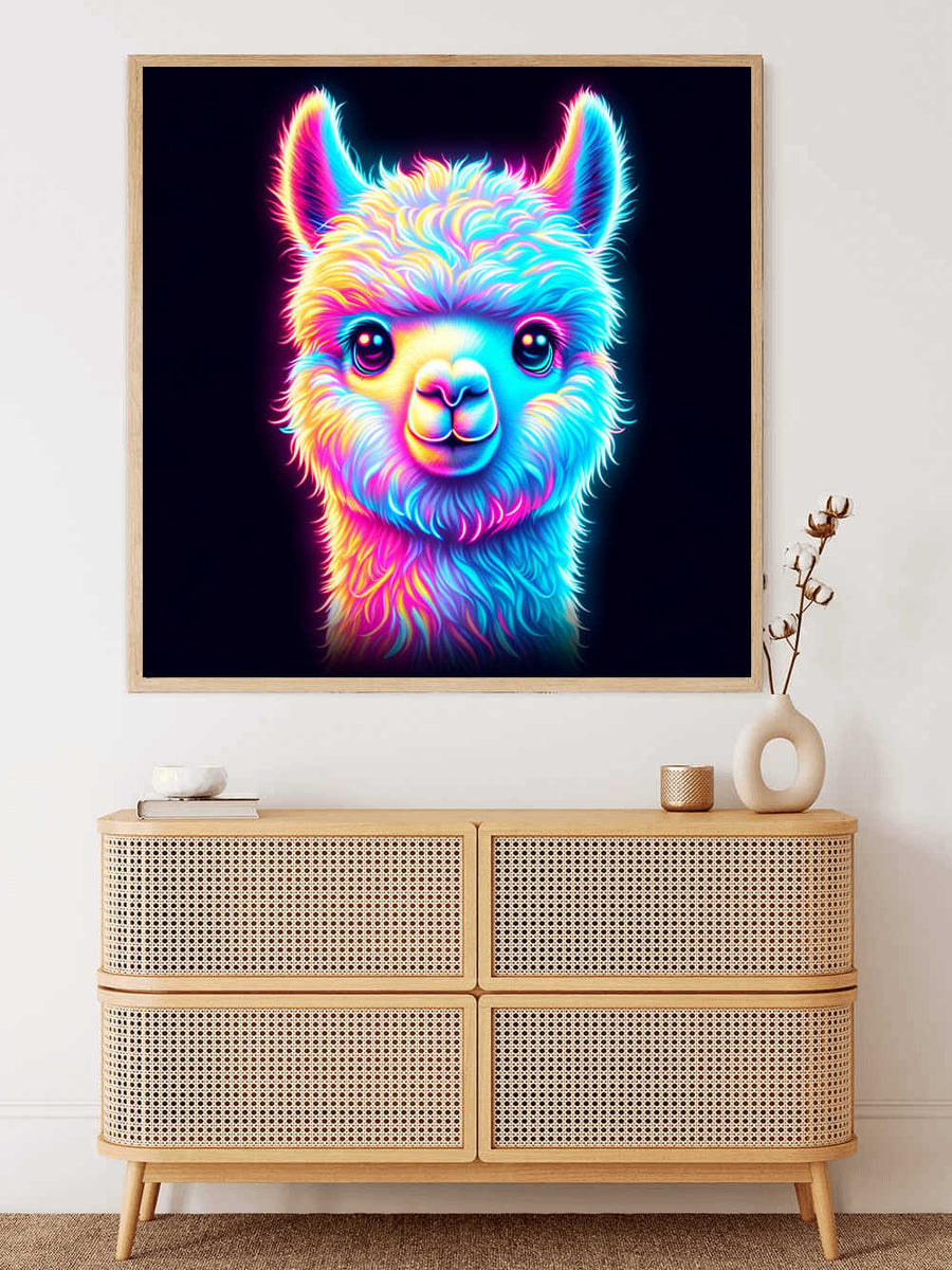 Bright neon painting of a colorful alpaca mounted above a wooden sideboard in modern interior decor.