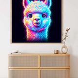 Bright neon painting of a colorful alpaca mounted above a wooden sideboard in modern interior decor.