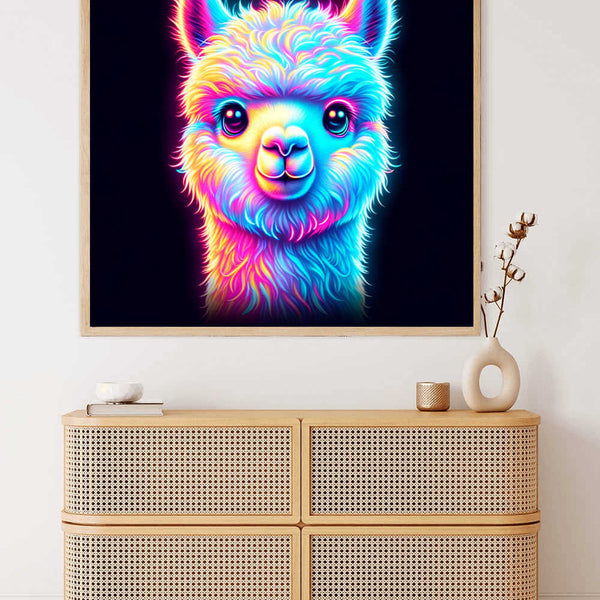 Bright neon painting of a colorful alpaca mounted above a wooden sideboard in modern interior decor.