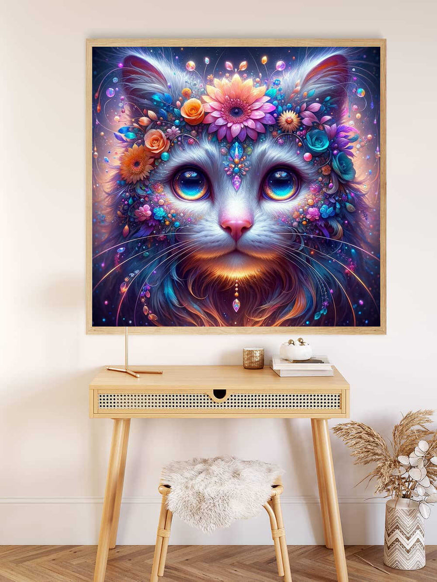 Malen nach Zahlen Bild eines magischen Blumenkatzenporträts, perfekt für entspannende Kunstprojekte und kreative Einrichtung in floraler, traumhafter Atmosphäre