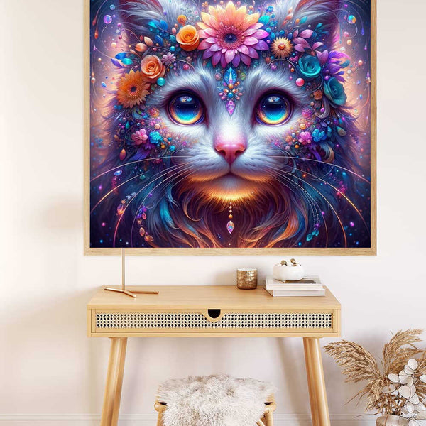 Malen nach Zahlen Bild eines magischen Blumenkatzenporträts, perfekt für entspannende Kunstprojekte und kreative Einrichtung in floraler, traumhafter Atmosphäre
