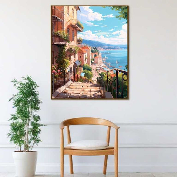 Malen nach Zahlen - Mediterrane Sehnsucht Kunstwerk: Südliche Küstenstadt mit Terrakotta-Dächern und blauem Himmel über dem Meer