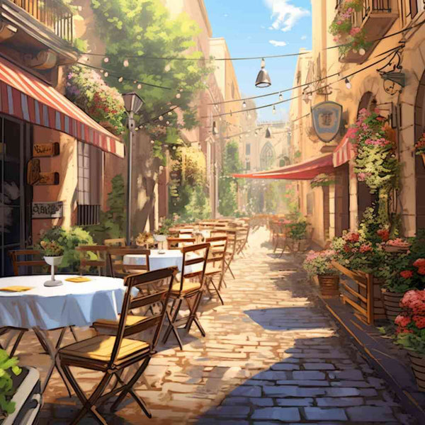 Sonnenbeschienener Mittelmeer-Straßenzug mit Restaurant, blühenden Blumen und schattigen Plätzen im Mittagslicht