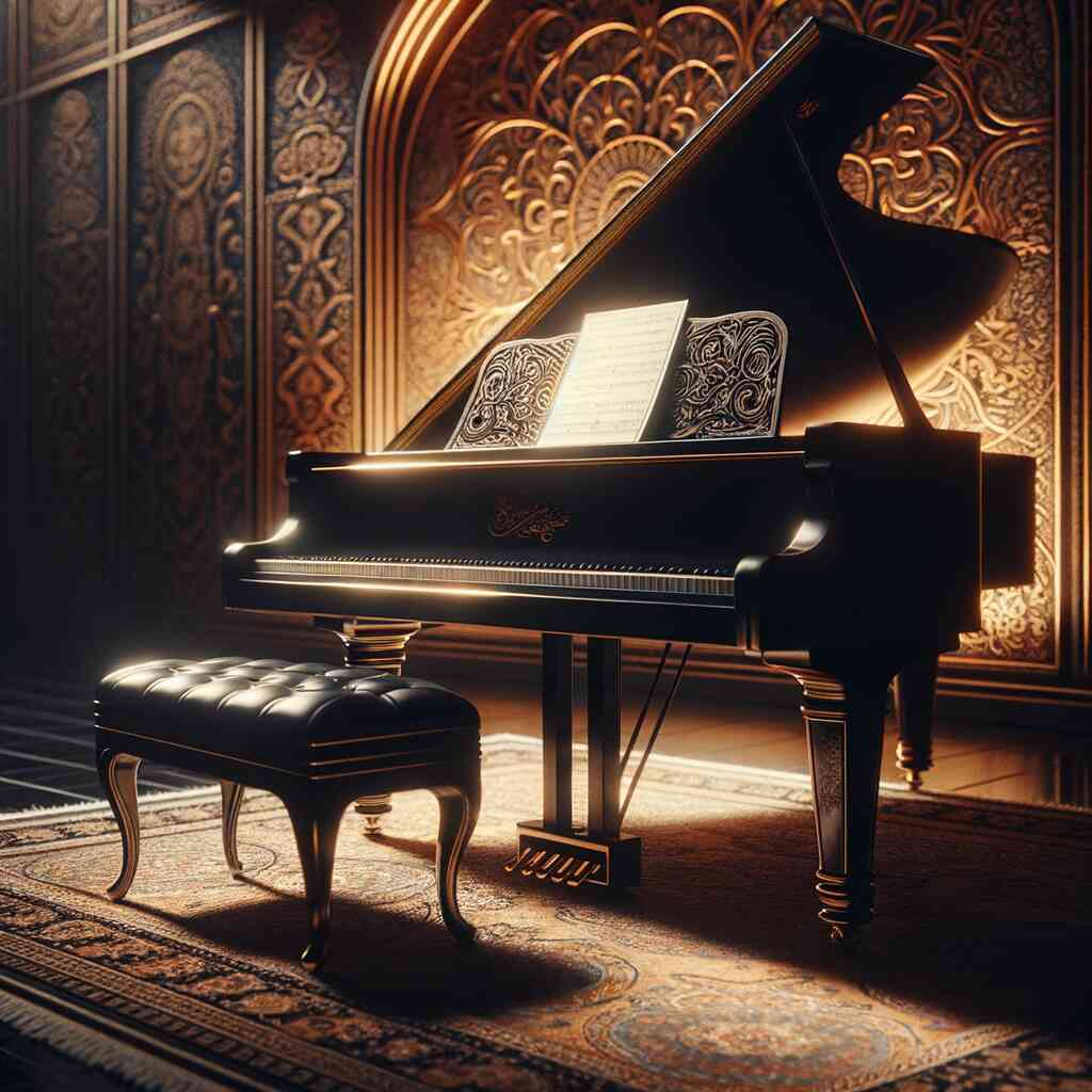 Elegant black grand piano with ornate carving, illuminated warmly in a luxurious room with intricate wall designs