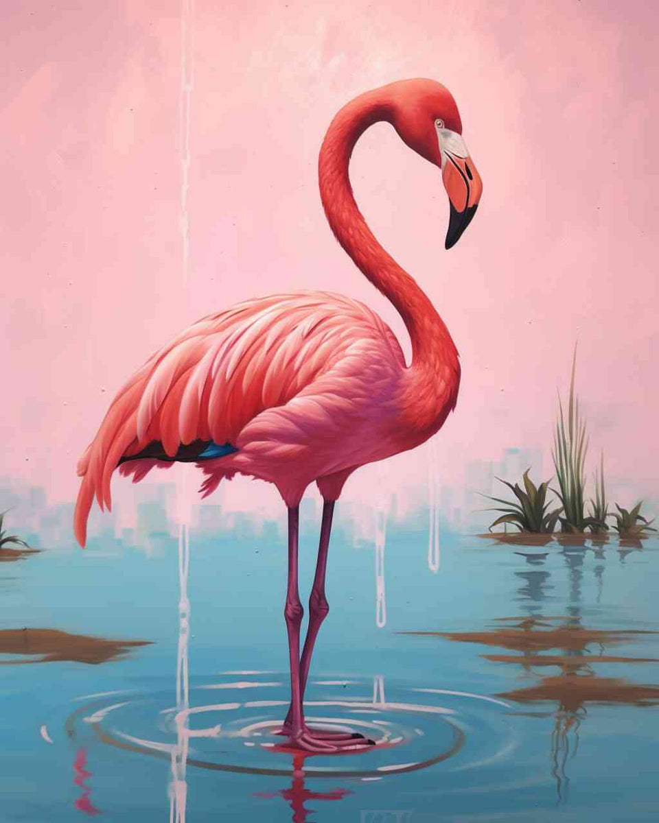 Malen nach Zahlen - Ein Flamingo steht elegant im ruhigen Wasser, umgeben von zarten Rosa- und Himmelblau-Tönen bei Sonnenaufgang.