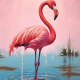 Malen nach Zahlen - Ein Flamingo steht elegant im ruhigen Wasser, umgeben von zarten Rosa- und Himmelblau-Tönen bei Sonnenaufgang.
