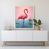 Malen nach Zahlen - Sanfte Eleganz am Morgen, Flamingo in ruhigem Wasser, sanfte Dämmerung, moderne Wandkunst