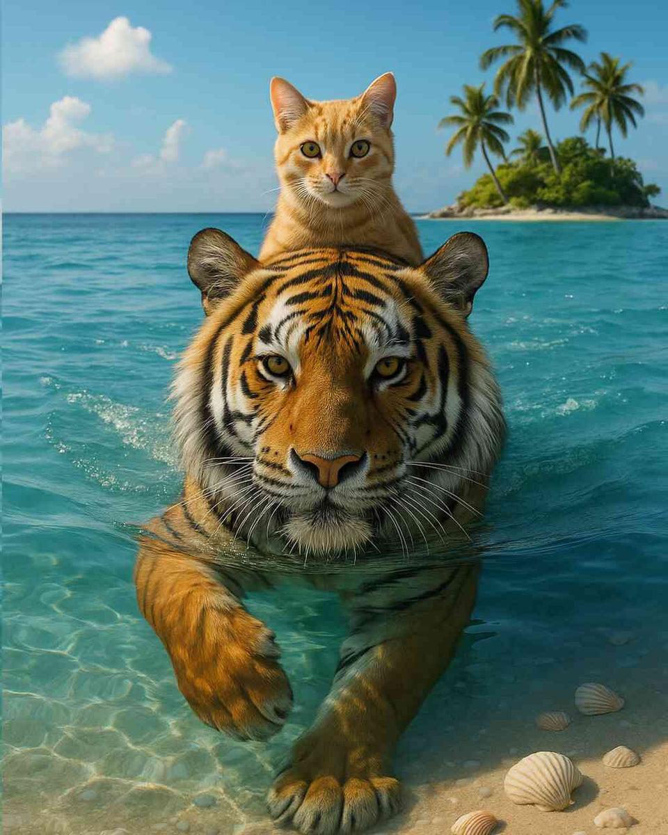 Malen nach Zahlen - Katze schwimmt auf Tiger durchs Meer