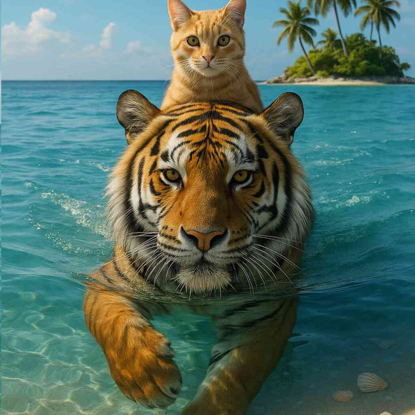 Malen nach Zahlen - Katze schwimmt auf Tiger durchs Meer