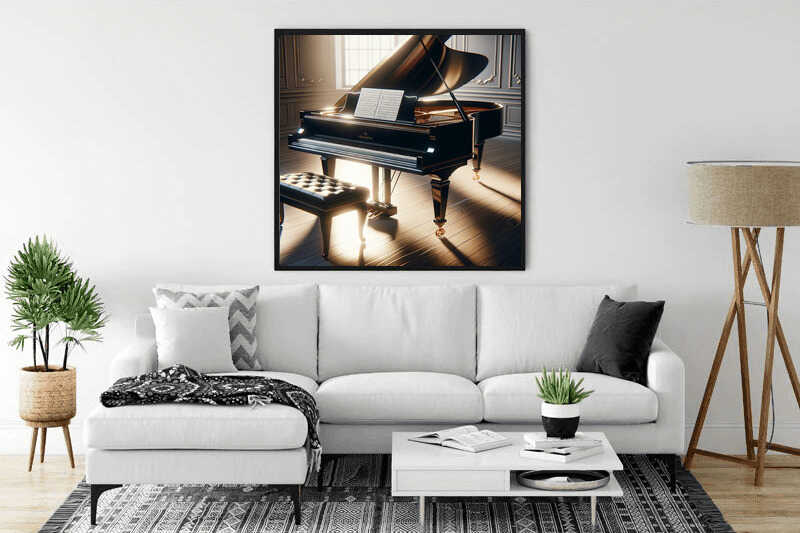 Modern living room with white sofa and large painting of a grand piano, enhancing the relaxing ambiance.