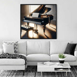 Modern living room with white sofa and large painting of a grand piano, enhancing the relaxing ambiance.