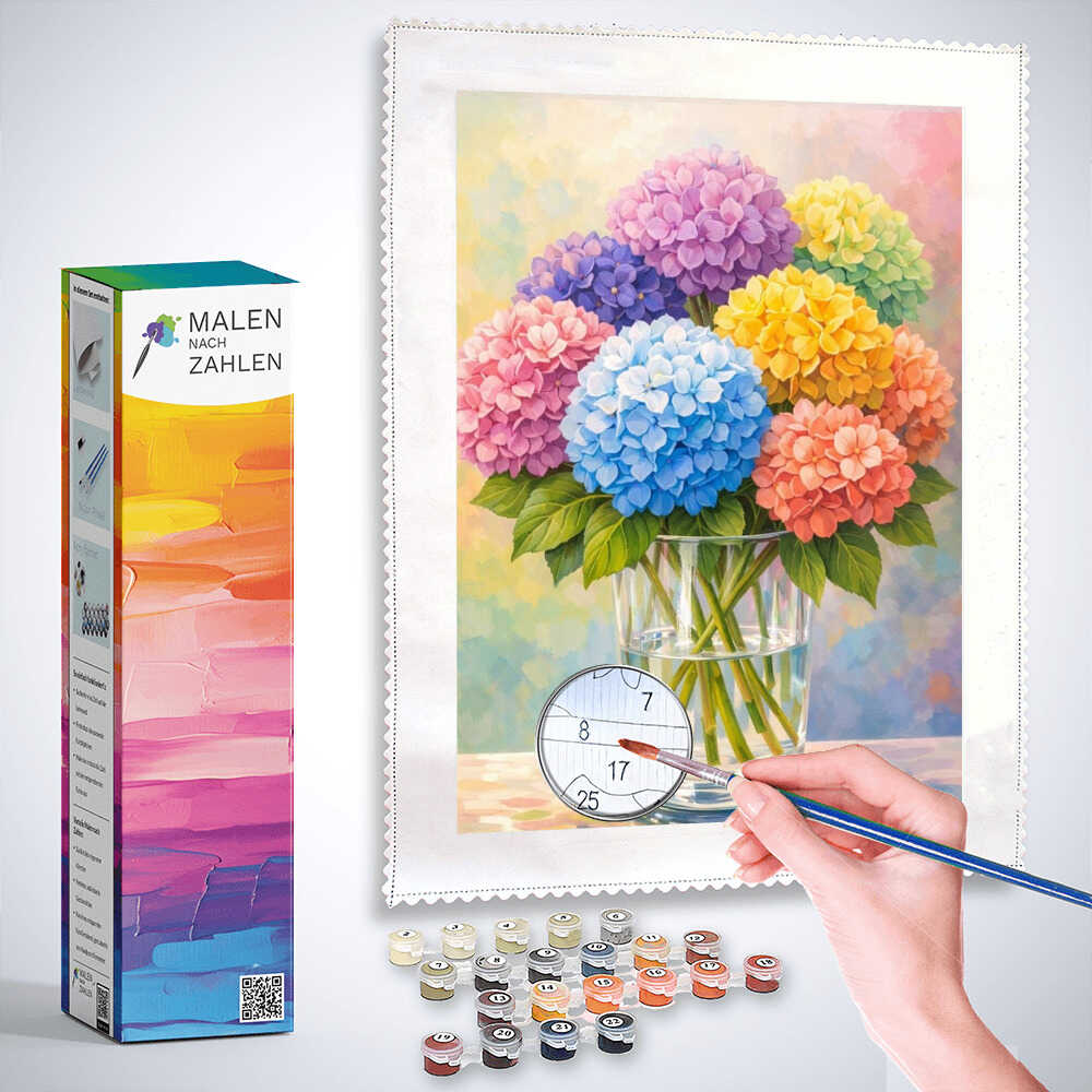Malen nach Zahlen - Regenbogen Blumenstrauß, Hortensie