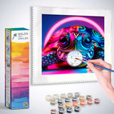 Painting of a vibrant turtle with Malen nach Zahlen set, included paint pots, and brush for relaxation and creativity.