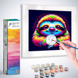 Painting by Numbers kit featuring a colorful sloth design, with a hand holding a brush and numbered paints displayed.